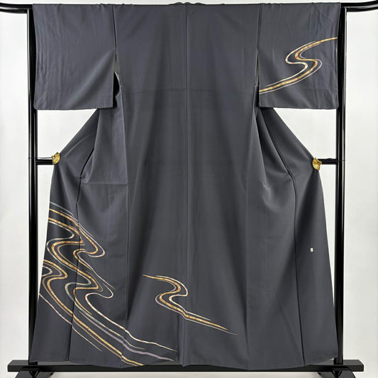 訪問服 身長156.5cm 袖長64cm M 雙層 吾妻德穗 落款あり 流水 菊花唐草紋 金銀彩 灰 純蠶絲 名品級