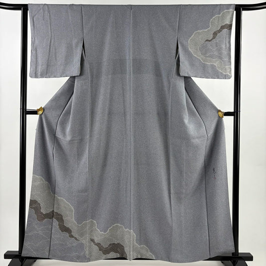 付下 身長158.5cm 袖長62.5cm S 雙層 松樹井青青 落款あり 波 青灰 純蠶絲 名品級