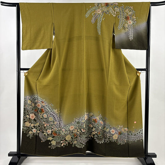 訪問服 身長157.5cm 袖長64cm M 雙層 ますいわ屋 落款あり 辻花染 漸層 鶯綠 純蠶絲 名品級