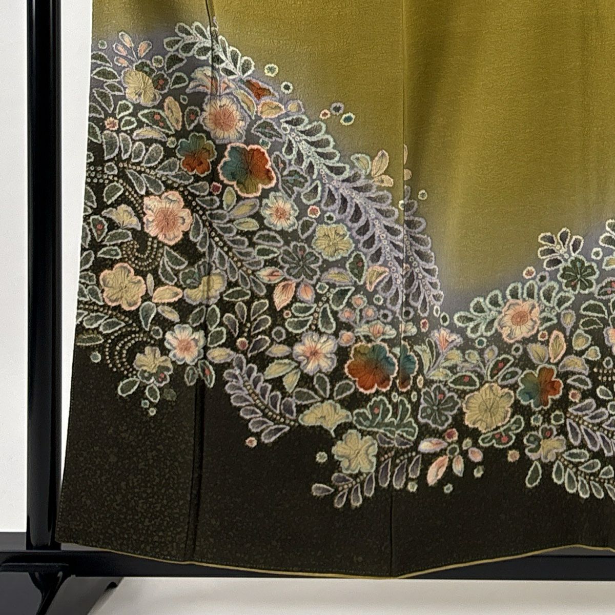 訪問服 身長157.5cm 袖長64cm M 雙層 ますいわ屋 落款あり 辻花染 漸層 鶯綠 純蠶絲 名品級