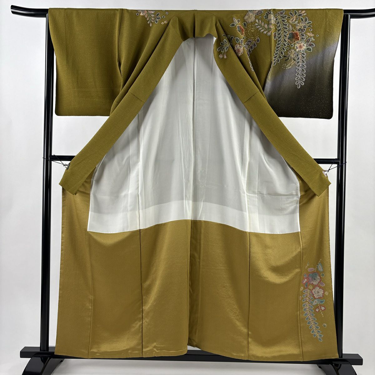 訪問服 身長157.5cm 袖長64cm M 雙層 ますいわ屋 落款あり 辻花染 漸層 鶯綠 純蠶絲 名品級