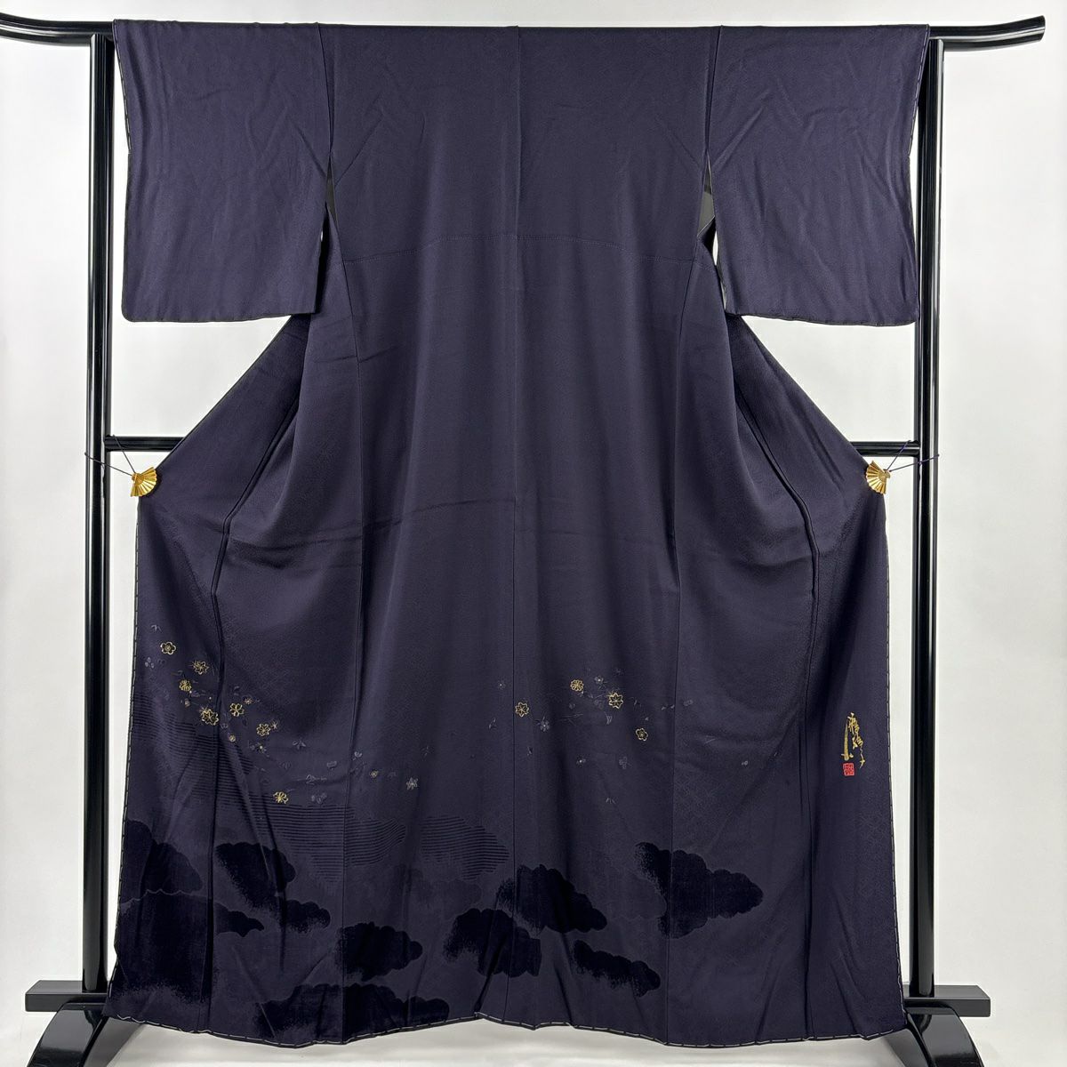 付下 身長161cm 袖長63cm S 雙層 落款有 吹寄 雲紋 金絲 刺繡 深紫 純蠶絲 名品級