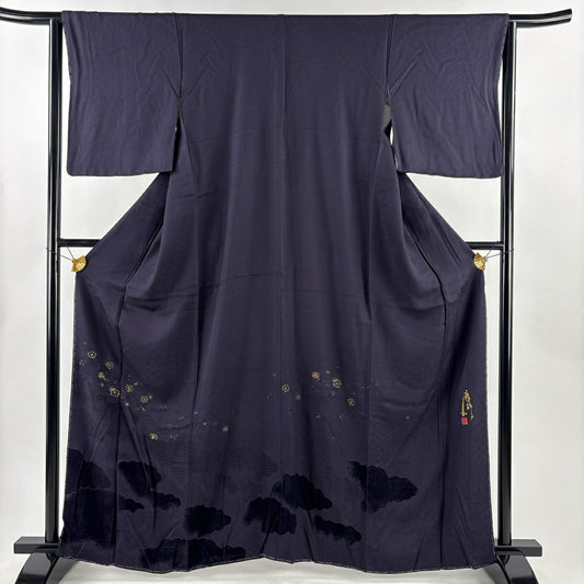 付下 身長161cm 袖長63cm S 雙層 落款有 吹寄 雲紋 金絲 刺繡 深紫 純蠶絲 名品級