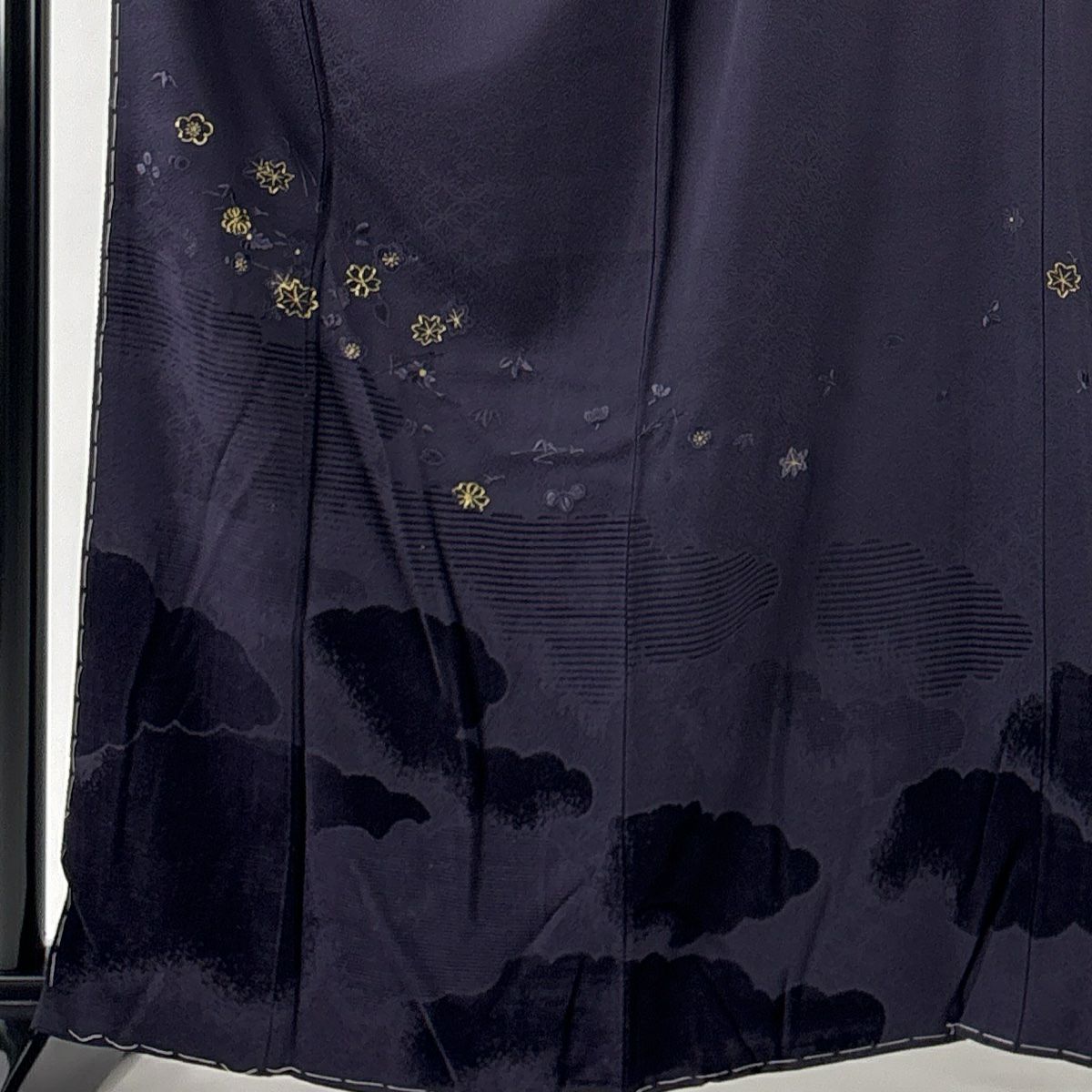 付下 身長161cm 袖長63cm S 雙層 落款有 吹寄 雲紋 金絲 刺繡 深紫 純蠶絲 名品級