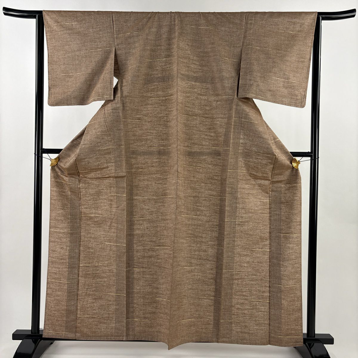 【美品】 小紋 身長162cm 袖長64cm M 單層 紬織織 縞 薄茶 純蠶絲 名品級