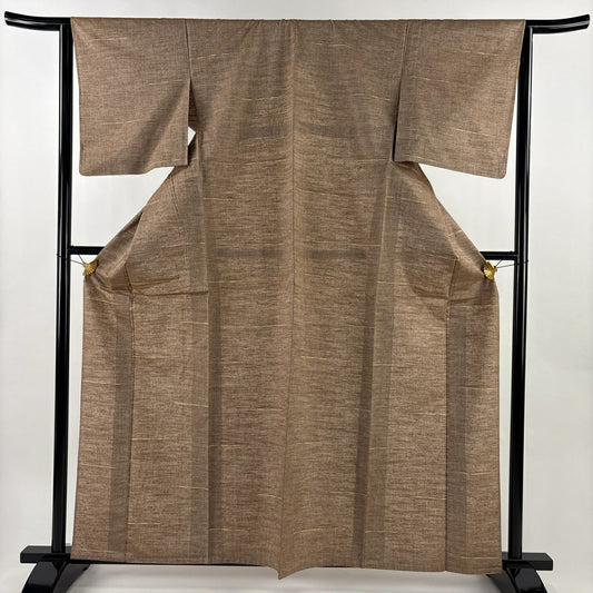 【美品】 小紋 身長162cm 袖長64cm M 單層 紬織織 縞 薄茶 純蠶絲 名品級