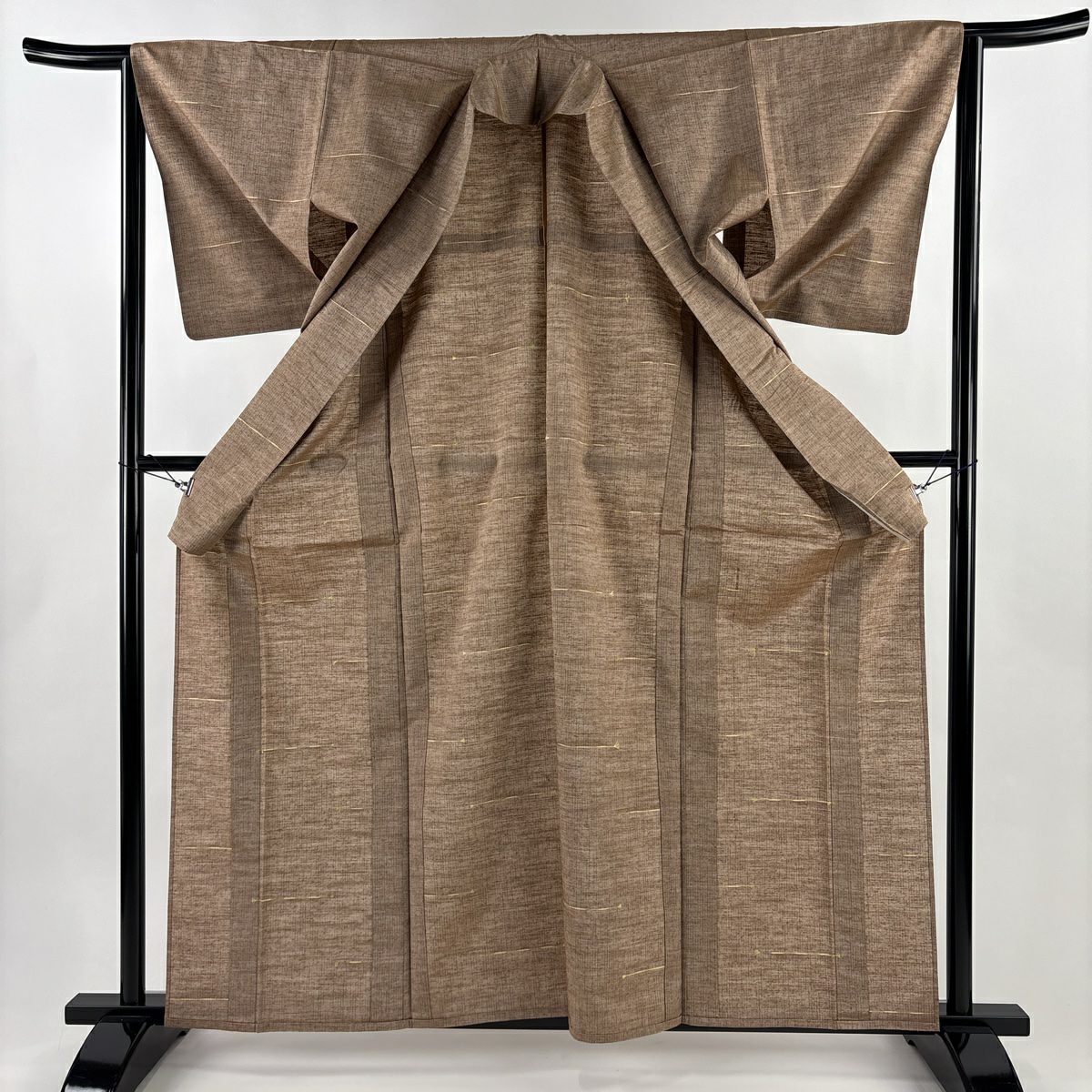 【美品】 小紋 身長162cm 袖長64cm M 單層 紬織織 縞 薄茶 純蠶絲 名品級