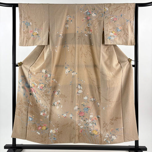 【美品】訪問服 身長152cm 袖長62.5cm S 雙層 菊花 枝垂櫻 淡茶 純蠶絲 名品級