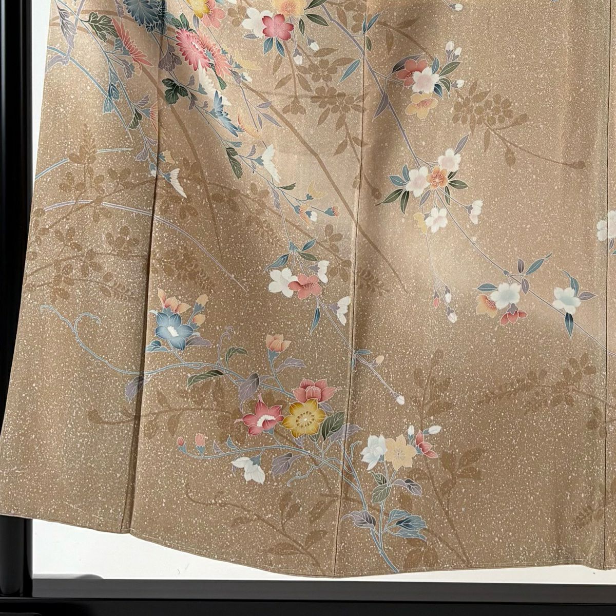 【美品】訪問服 身長152cm 袖長62.5cm S 雙層 菊花 枝垂櫻 淡茶 純蠶絲 名品級