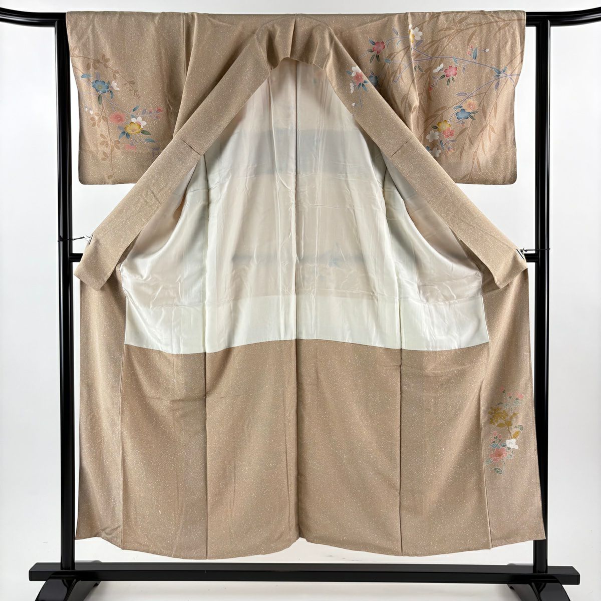 【美品】訪問服 身長152cm 袖長62.5cm S 雙層 菊花 枝垂櫻 淡茶 純蠶絲 名品級