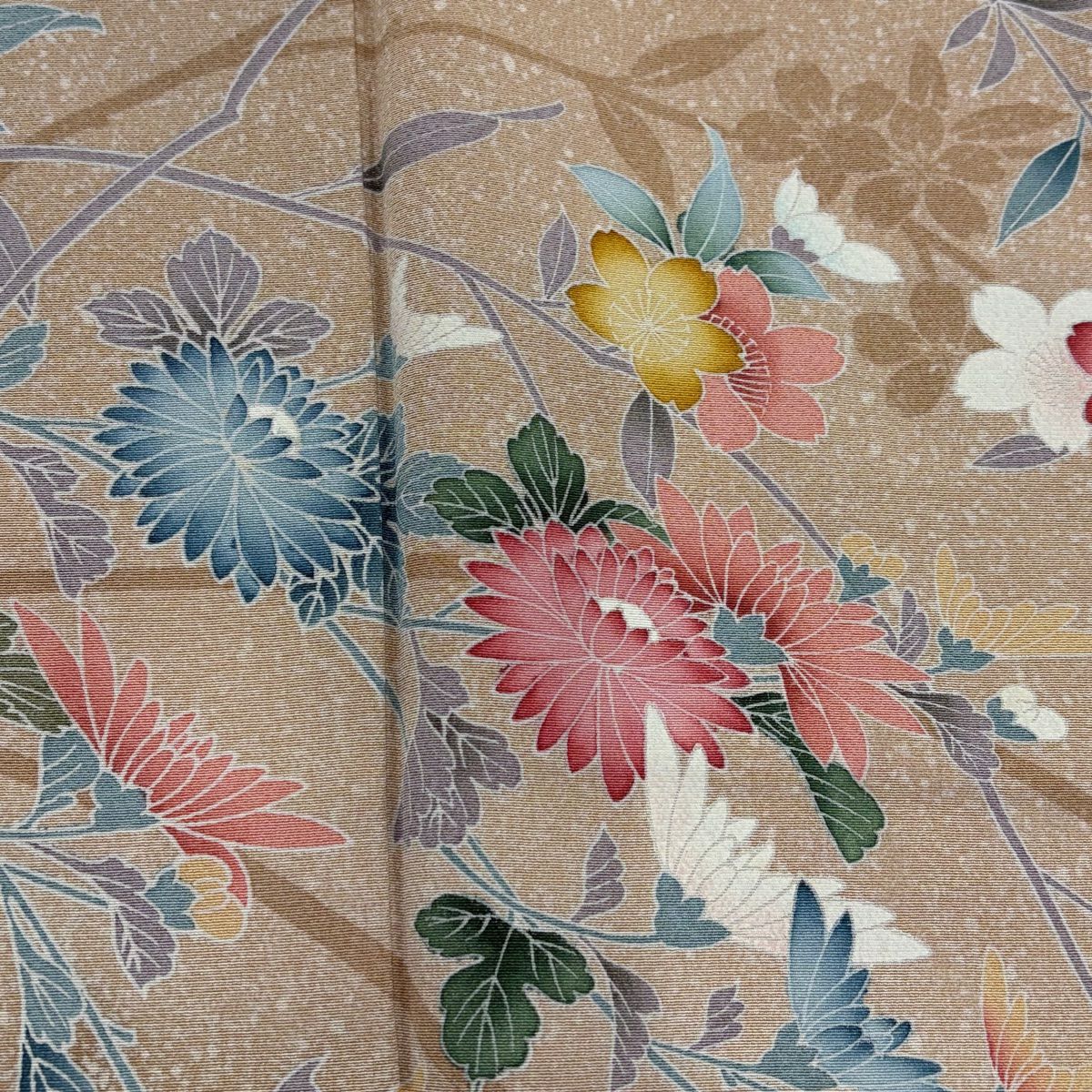【美品】訪問服 身長152cm 袖長62.5cm S 雙層 菊花 枝垂櫻 淡茶 純蠶絲 名品級