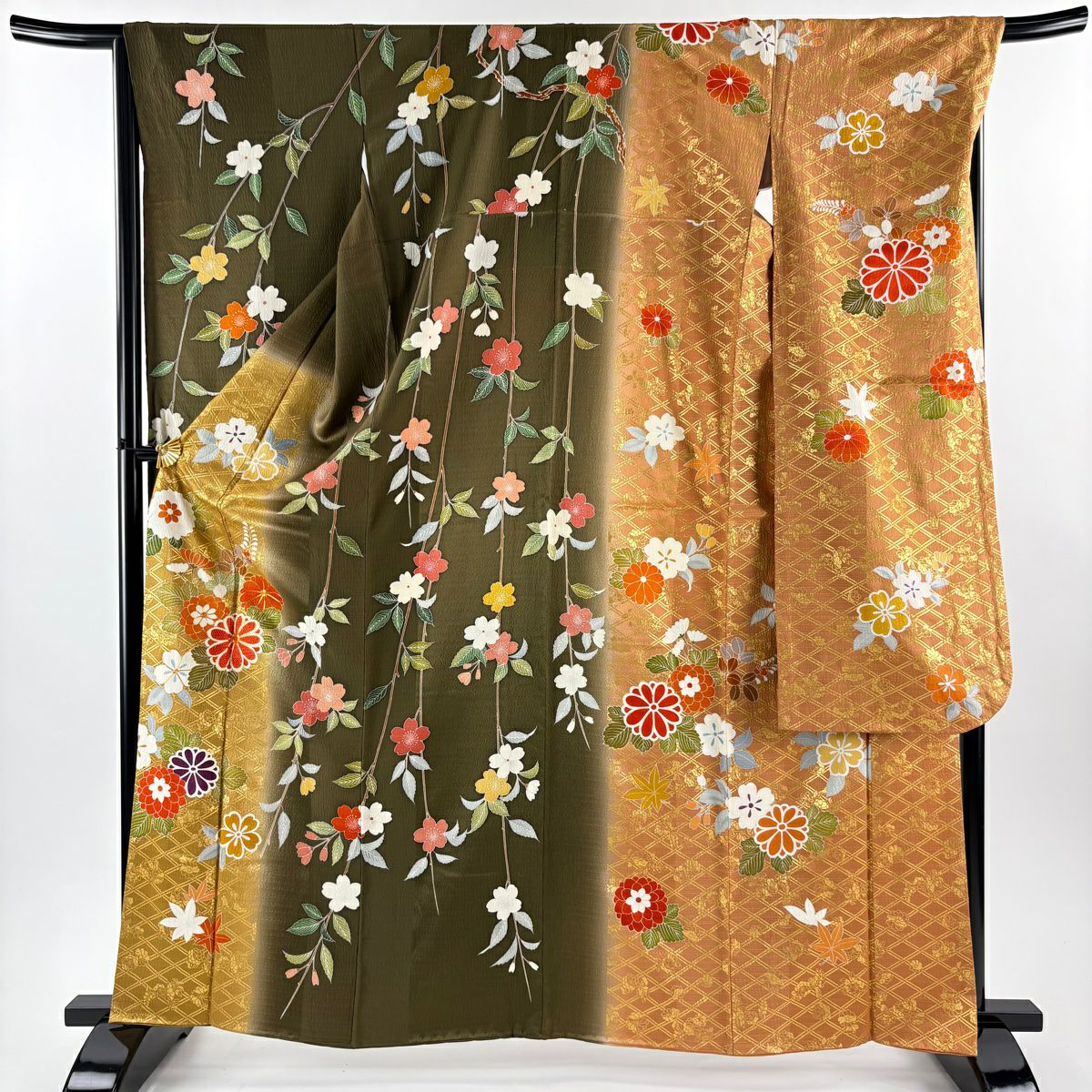 振袖禮服 身長163cm 袖長67cm M 雙層 菊花 樹垂櫻 金絲 金銀彩 茶綠 純蠶絲 名品級