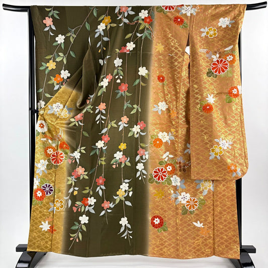 振袖禮服 身長163cm 袖長67cm M 雙層 菊花 樹垂櫻 金絲 金銀彩 茶綠 純蠶絲 名品級