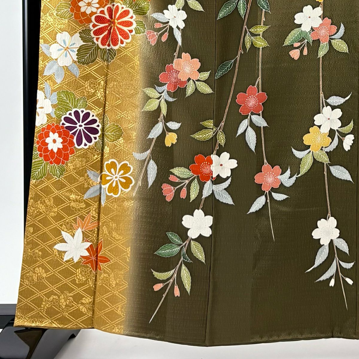 振袖禮服 身長163cm 袖長67cm M 雙層 菊花 樹垂櫻 金絲 金銀彩 茶綠 純蠶絲 名品級