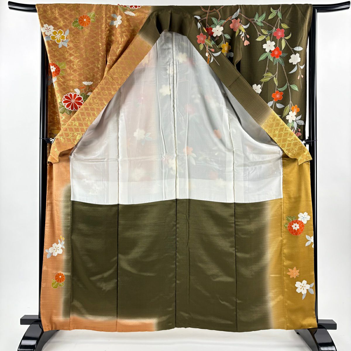 振袖禮服 身長163cm 袖長67cm M 雙層 菊花 樹垂櫻 金絲 金銀彩 茶綠 純蠶絲 名品級