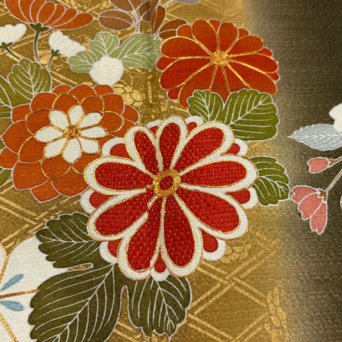 振袖禮服 身長163cm 袖長67cm M 雙層 菊花 樹垂櫻 金絲 金銀彩 茶綠 純蠶絲 名品級