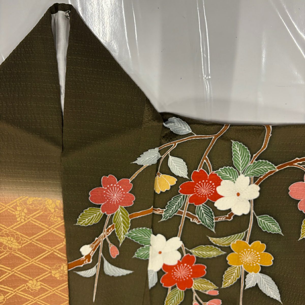 振袖禮服 身長163cm 袖長67cm M 雙層 菊花 樹垂櫻 金絲 金銀彩 茶綠 純蠶絲 名品級