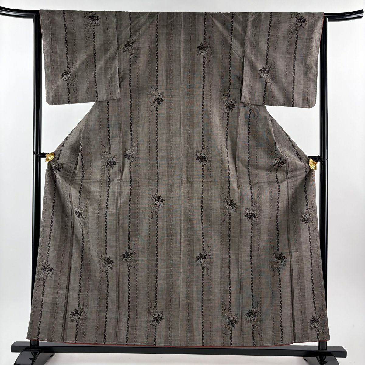 【美品】 大島紬織 身長158.5cm 袖長63.5cm S 雙層 純泥染 證書附帶 草花紋紋 條紋 灰茶 純蠶絲 名品級