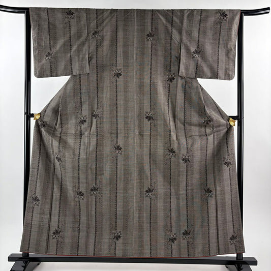 【美品】 大島紬織 身長158.5cm 袖長63.5cm S 雙層 純泥染 證書附帶 草花紋紋 條紋 灰茶 純蠶絲 名品級