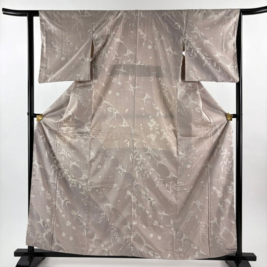 【美品】 付下 身長160.5cm 袖長62cm S 雙層 紬織織 枝梅花葉與果實刺繡 金銀彩 淺豆色 純蠶絲 名品級