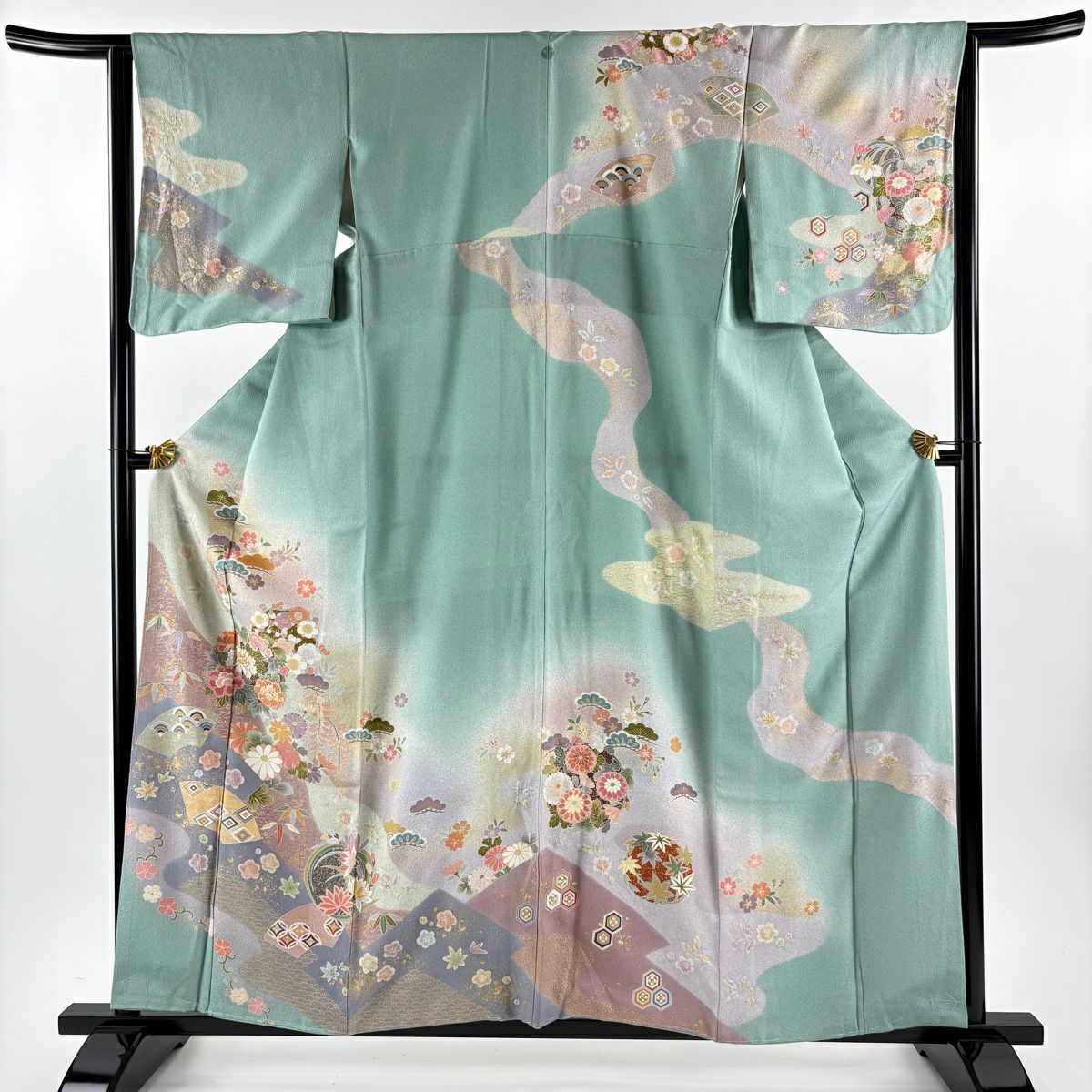 訪問服 身長159cm 袖長64cm M 雙層 扇子面 花丸紋 金絲 金銀彩 淺綠 純蠶絲 名品級 一つ紋