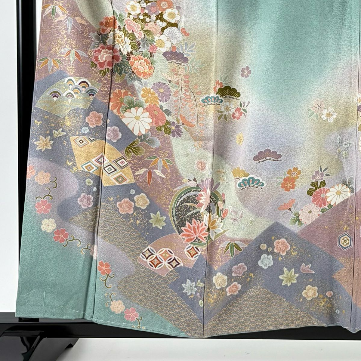 訪問服 身長159cm 袖長64cm M 雙層 扇子面 花丸紋 金絲 金銀彩 淺綠 純蠶絲 名品級 一つ紋