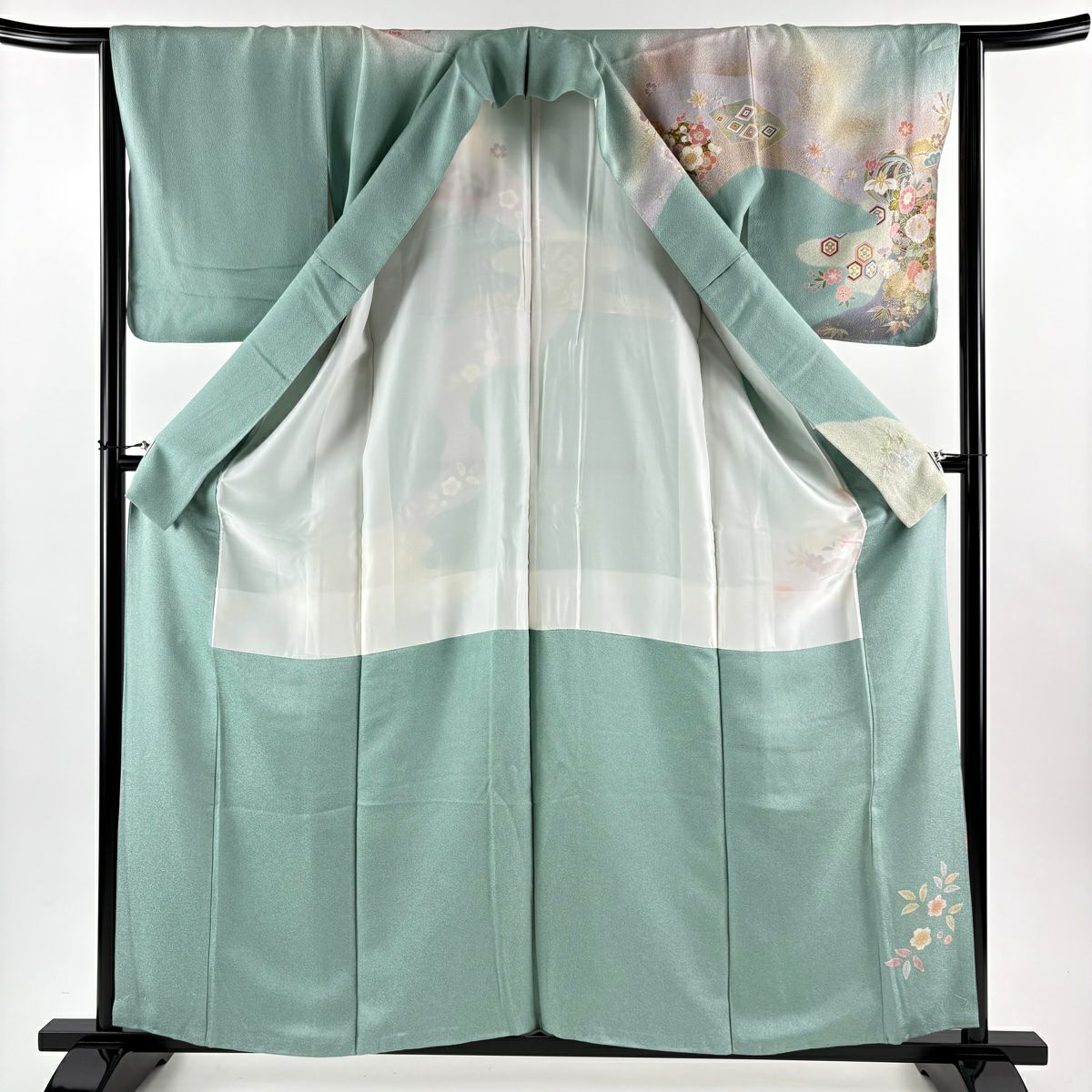 訪問服 身長159cm 袖長64cm M 雙層 扇子面 花丸紋 金絲 金銀彩 淺綠 純蠶絲 名品級 一つ紋