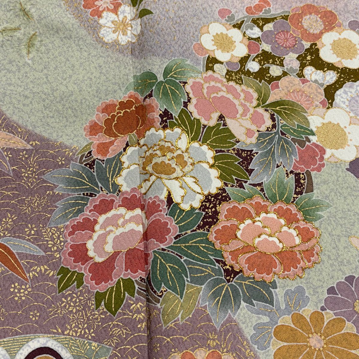 訪問服 身長159cm 袖長64cm M 雙層 扇子面 花丸紋 金絲 金銀彩 淺綠 純蠶絲 名品級 一つ紋