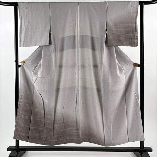 付下 身長150.5cm 袖長62.5cm S 雙層 縞紋 角通 灰色 純蠶絲 名品級