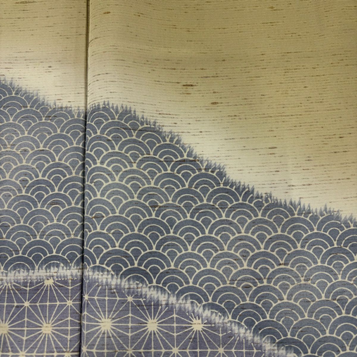 付下 身長154.5cm 袖長63cm S 雙層 紬織織 青海波 麻葉 抹茶 純蠶絲 名品級