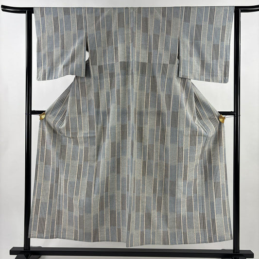 【美品】 紬織 身長153.5cm 袖長62cm S 單層 縱條 灰茶 純蠶絲 名品級