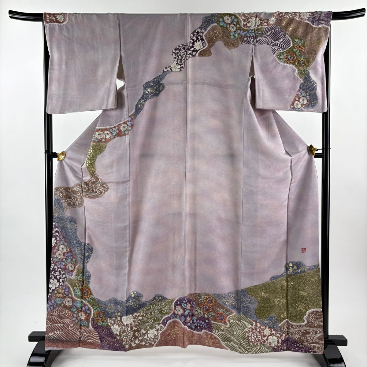 訪問服 身長163cm 袖長67cm M 雙層 辻花染 波 金銀彩 薄紫 純蠶絲 名品級