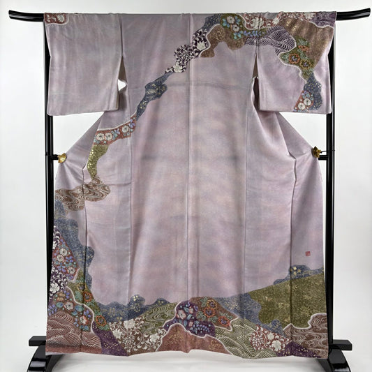 訪問服 身長163cm 袖長67cm M 雙層 辻花染 波 金銀彩 薄紫 純蠶絲 名品級