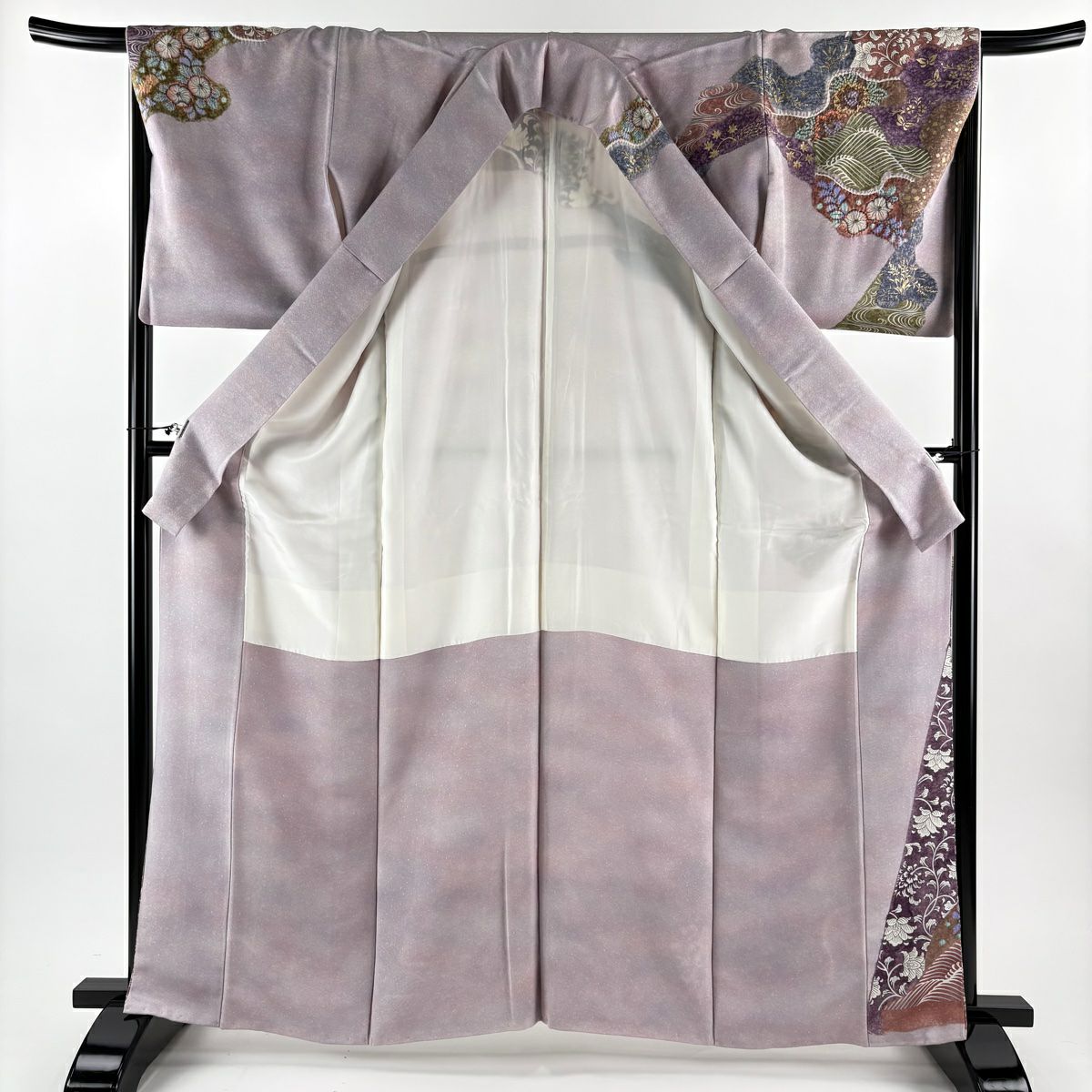 訪問服 身長163cm 袖長67cm M 雙層 辻花染 波 金銀彩 薄紫 純蠶絲 名品級