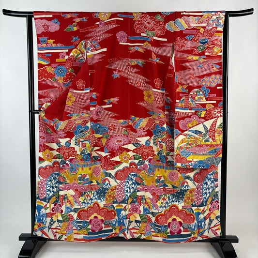 振袖禮服 身長159cm 袖長65cm M 雙層 松樹竹子梅花 家屋 縮緬 紅 純蠶絲 名品級