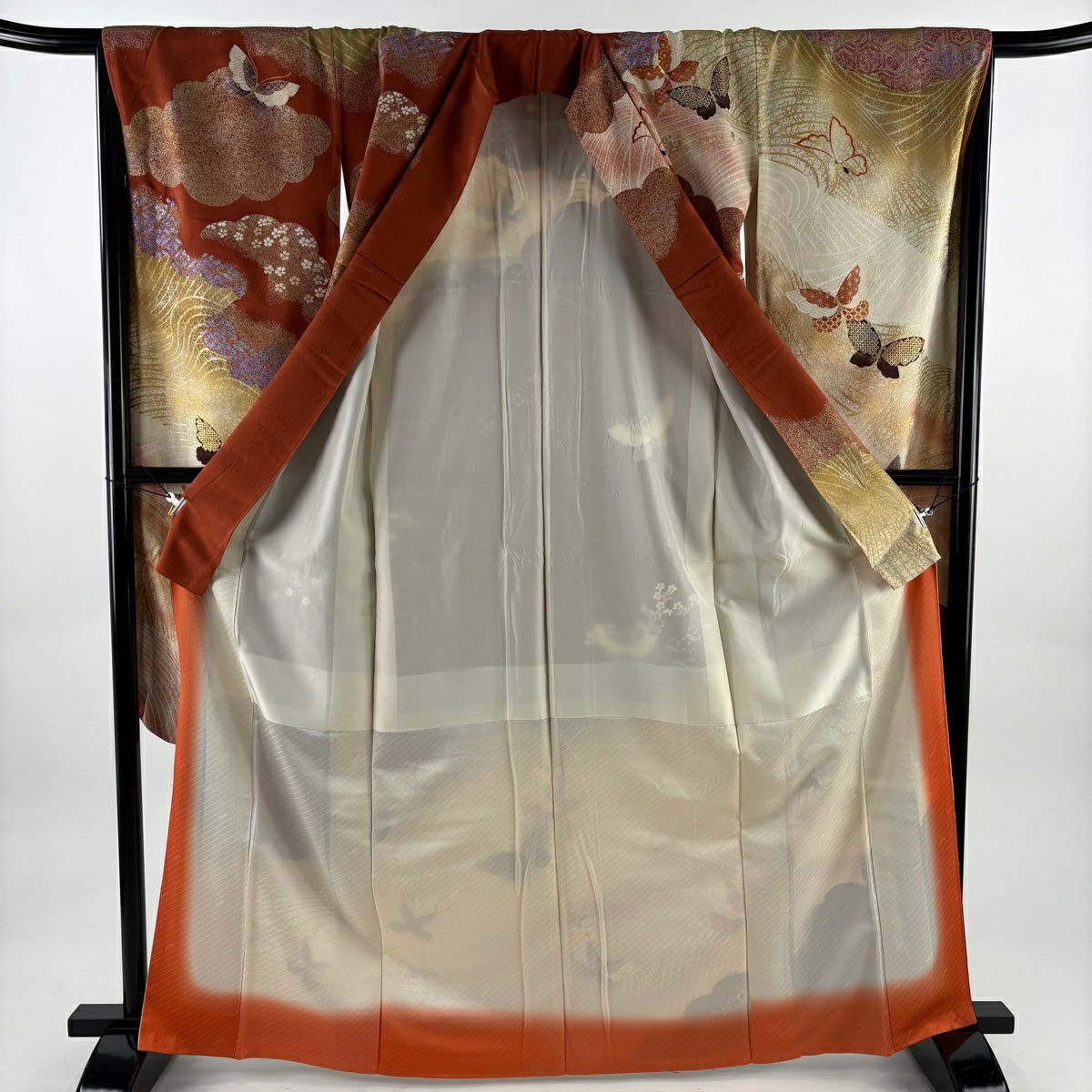 振袖禮服 身長166cm 袖長66.5cm M 雙層 山本寛斎 落款あり 蝶 波 金絲 金銀彩 紅茶 純蠶絲 名品級