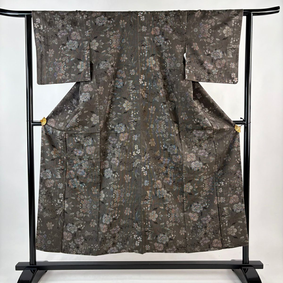 【美品】 紬織織 身長151cm 袖長62.5cm S 雙層 草花紋紋 焦茶 純蠶絲 名品級