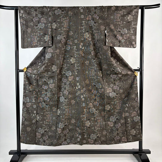 【美品】 紬織織 身長151cm 袖長62.5cm S 雙層 草花紋紋 焦茶 純蠶絲 名品級