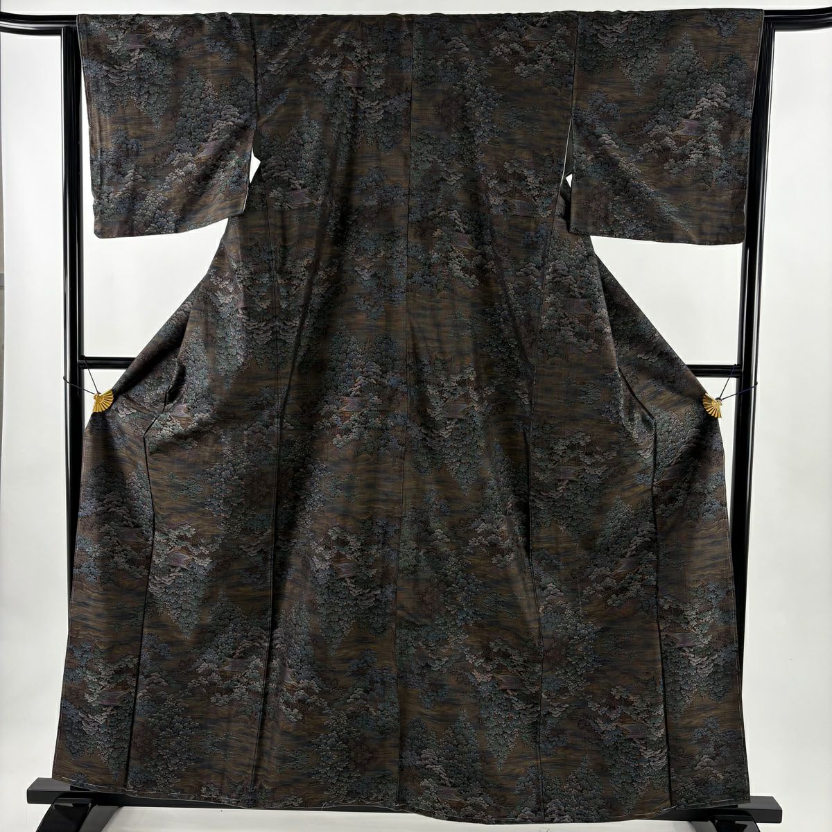 【美品】 紬織 身長160.5cm 袖長65cm M 雙層 樹木 建物 焦茶 純蠶絲 名品級