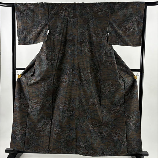 【美品】 紬織 身長160.5cm 袖長65cm M 雙層 樹木 建物 焦茶 純蠶絲 名品級