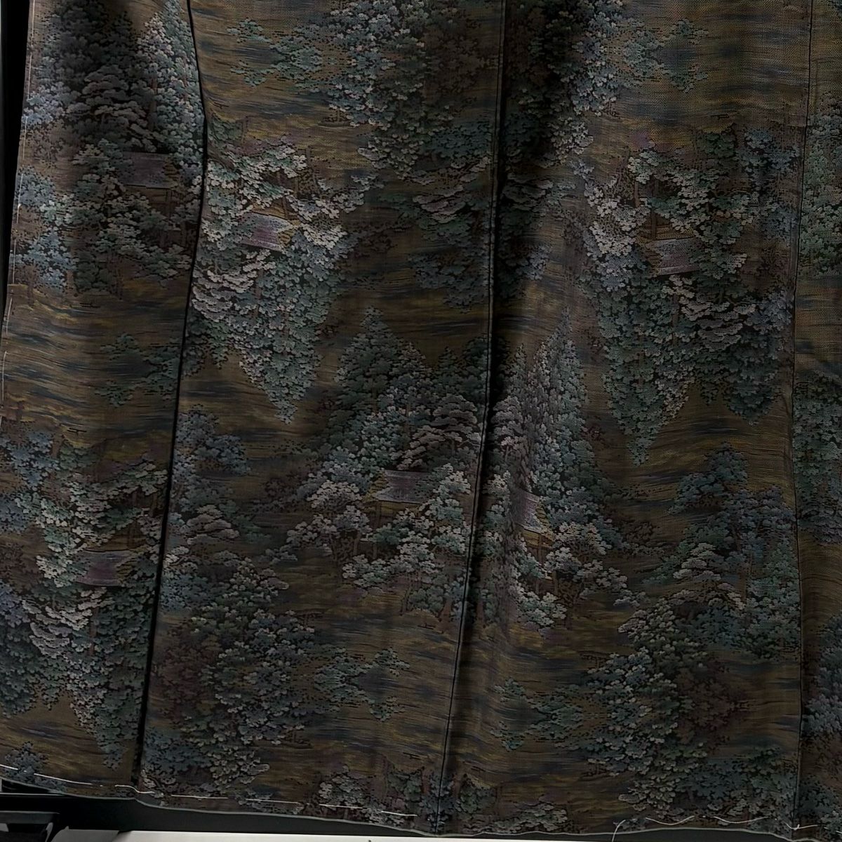 【美品】 紬織 身長160.5cm 袖長65cm M 雙層 樹木 建物 焦茶 純蠶絲 名品級
