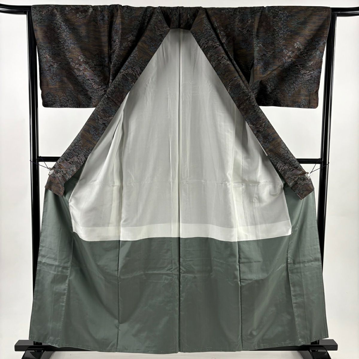 【美品】 紬織 身長160.5cm 袖長65cm M 雙層 樹木 建物 焦茶 純蠶絲 名品級