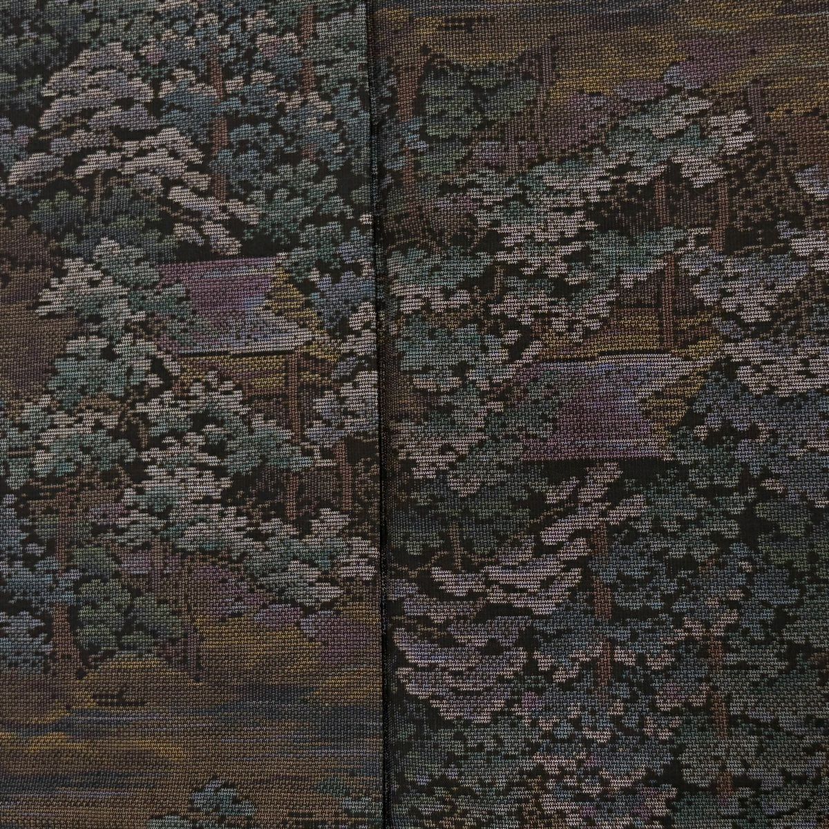 【美品】 紬織 身長160.5cm 袖長65cm M 雙層 樹木 建物 焦茶 純蠶絲 名品級