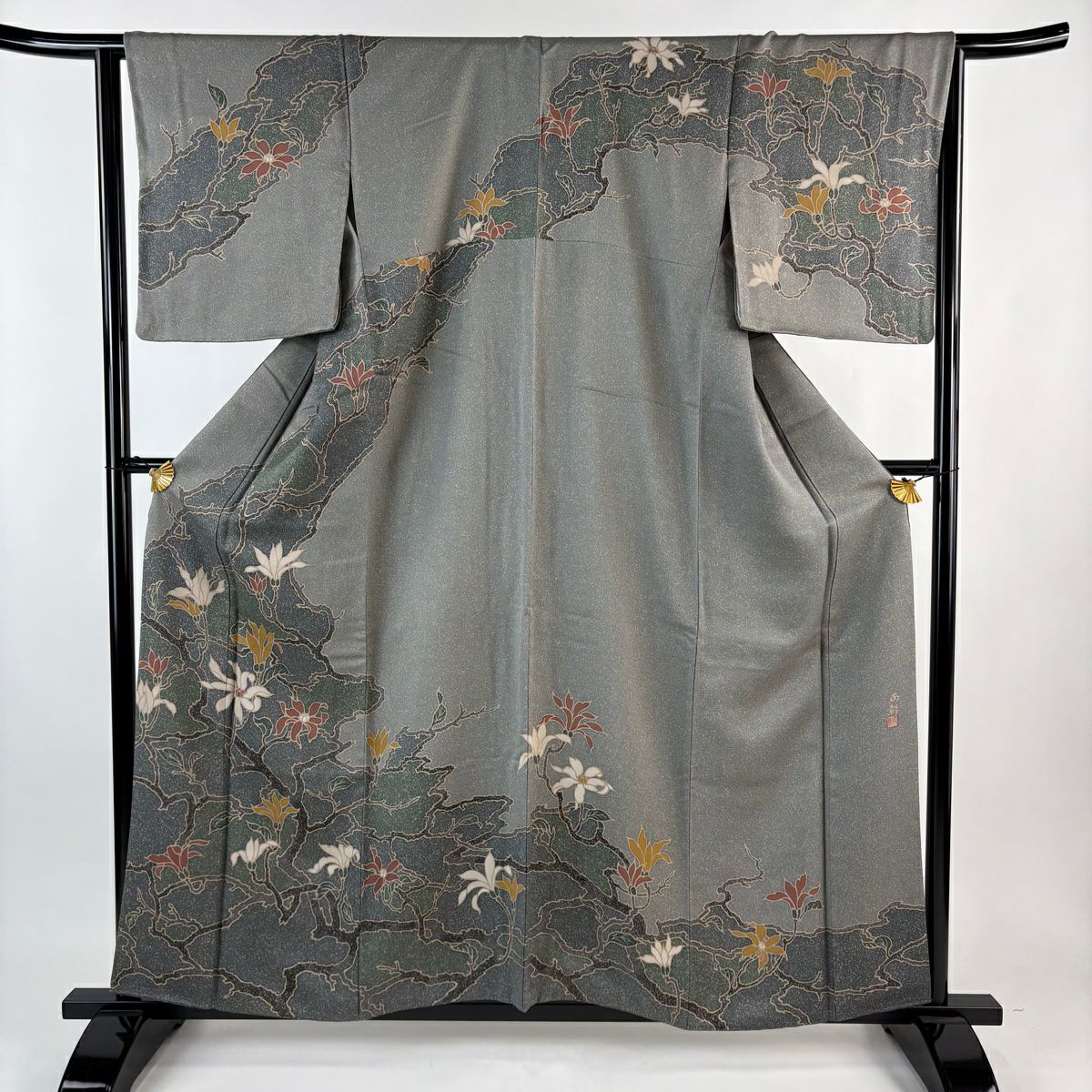 訪問服 身長159cm 袖長66cm M 雙層 落款有 枝花 地紋 青灰 純蠶絲 名品級