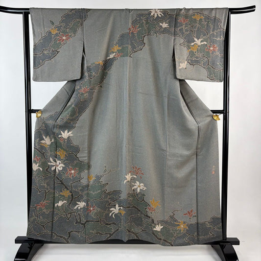 訪問服 身長159cm 袖長66cm M 雙層 落款有 枝花 地紋 青灰 純蠶絲 名品級