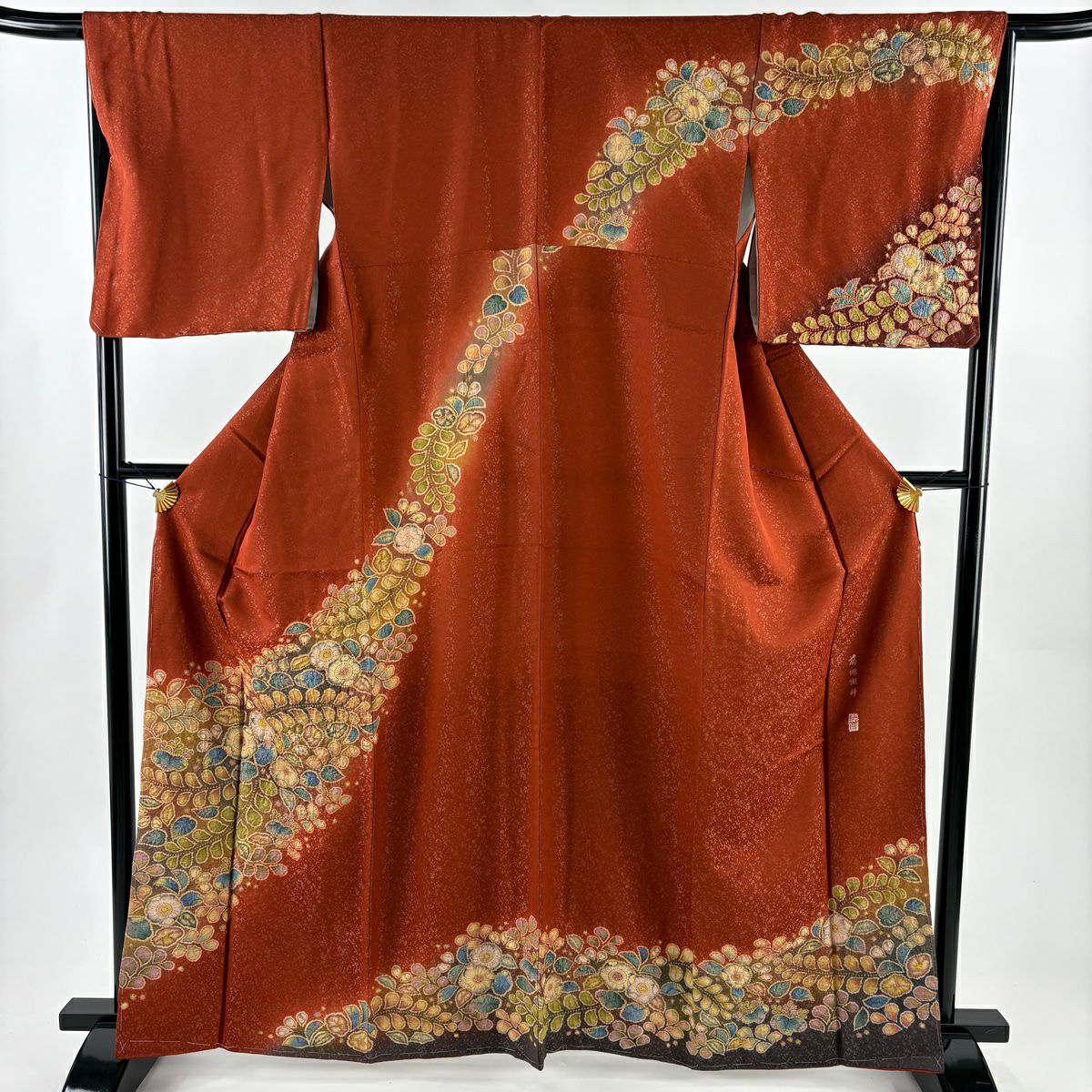 【美品】訪問服 身長163.5cm 袖長66.5cm M 雙層 翠山工房 落款あり 辻花染 銀通し 漸層 朱 純蠶絲 名品級