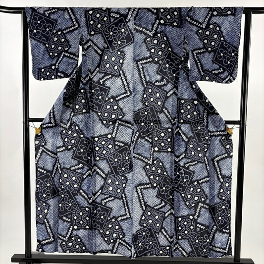 【美品】 浴衣 身長155cm 袖長61.5cm S 絞染浴衣 色紙 花 深藍 純棉 名品級
