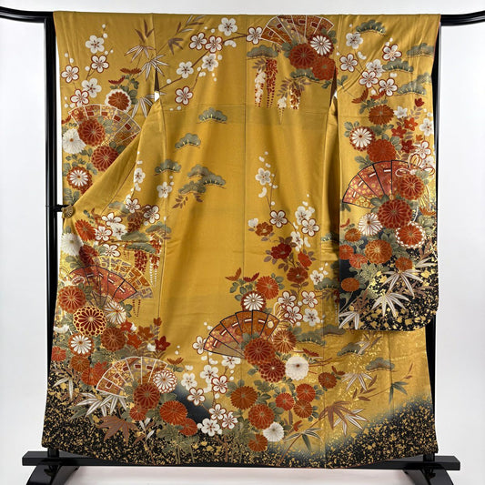 【美品】振袖禮服 身長159cm 袖長65cm M 雙層 桧扇子 松樹竹子梅花 金通 金絲 黃土 純蠶絲 逸品級
