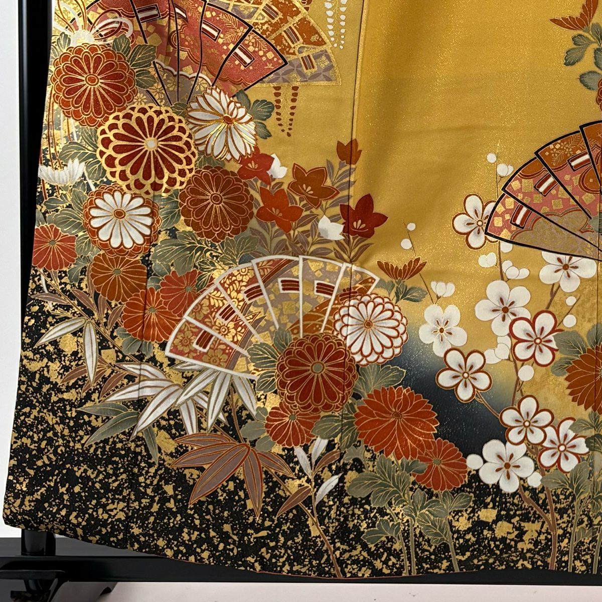 【美品】振袖禮服 身長159cm 袖長65cm M 雙層 桧扇子 松樹竹子梅花 金通 金絲 黃土 純蠶絲 逸品級