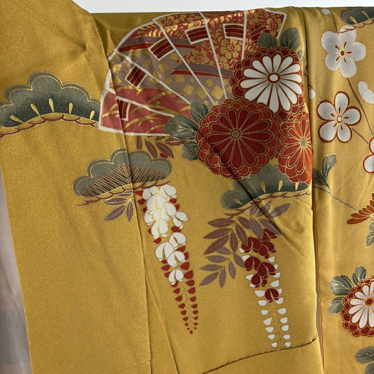 【美品】振袖禮服 身長159cm 袖長65cm M 雙層 桧扇子 松樹竹子梅花 金通 金絲 黃土 純蠶絲 逸品級